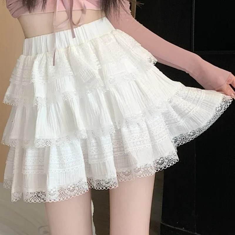 

White Japanese Kawaii Mini Skirt Women Summer 2023 Sweet Cake Skirts Female Solid Korean Hight Waist Elegant Party Mini Skirts