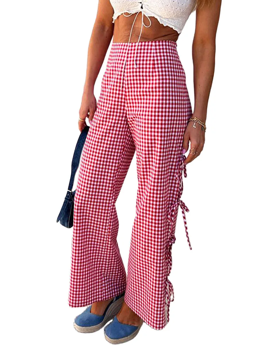 Women Wide-Leg Pants Plaid Side Tie-Up Hollow-Out Loose Trousers Spring Summer Casual Sweatpants Bottoms