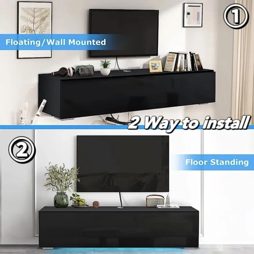 Floating TV Stand with Led Light for 63 Inch TVs Wall Mounted Led, Sturdy Construction, Easy Installation, TV Cabinet