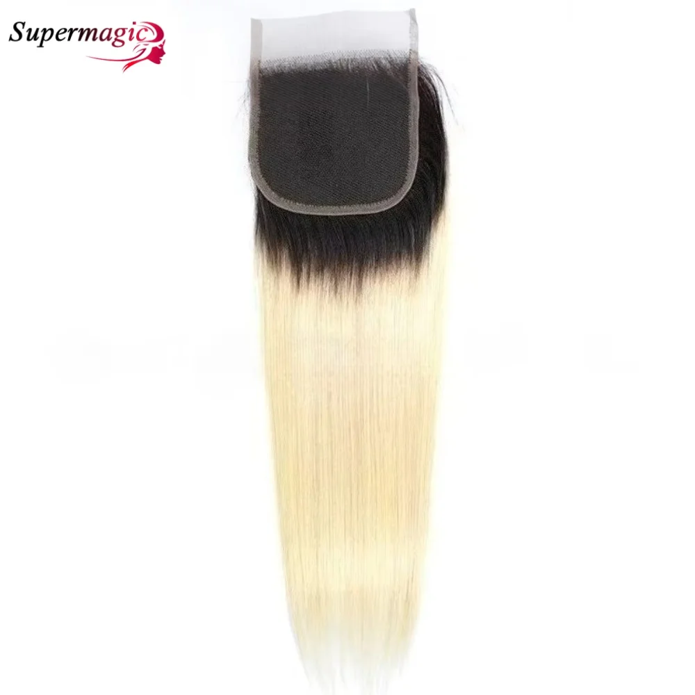 Cierre de Encaje Invisible 4x4 Color Rubio Ombre T1B613, Cabello Humano Liso con Nudos Decolorados, 100% Cabello Humano Virgen Natural, Solo Cierre