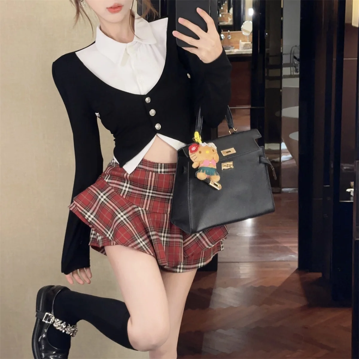 Spicy Girls Uniform Set Women Team Uniform Spring Academic Style Polo Neck Sexy Mini gonna a Culottes scozzese a vita alta Red Plaid