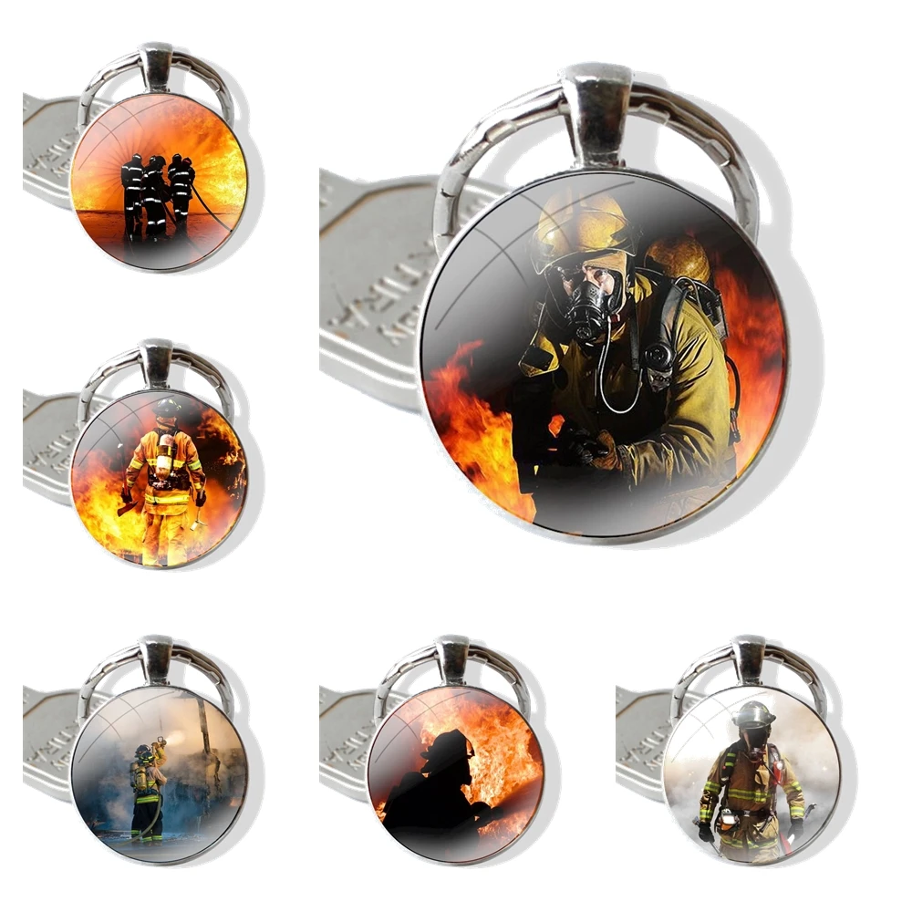 Firefighter Heroes Fireman Glass Metal Pendant Key Chain Classic Men Women Key Ring Accessories Jewelry Gifts Design