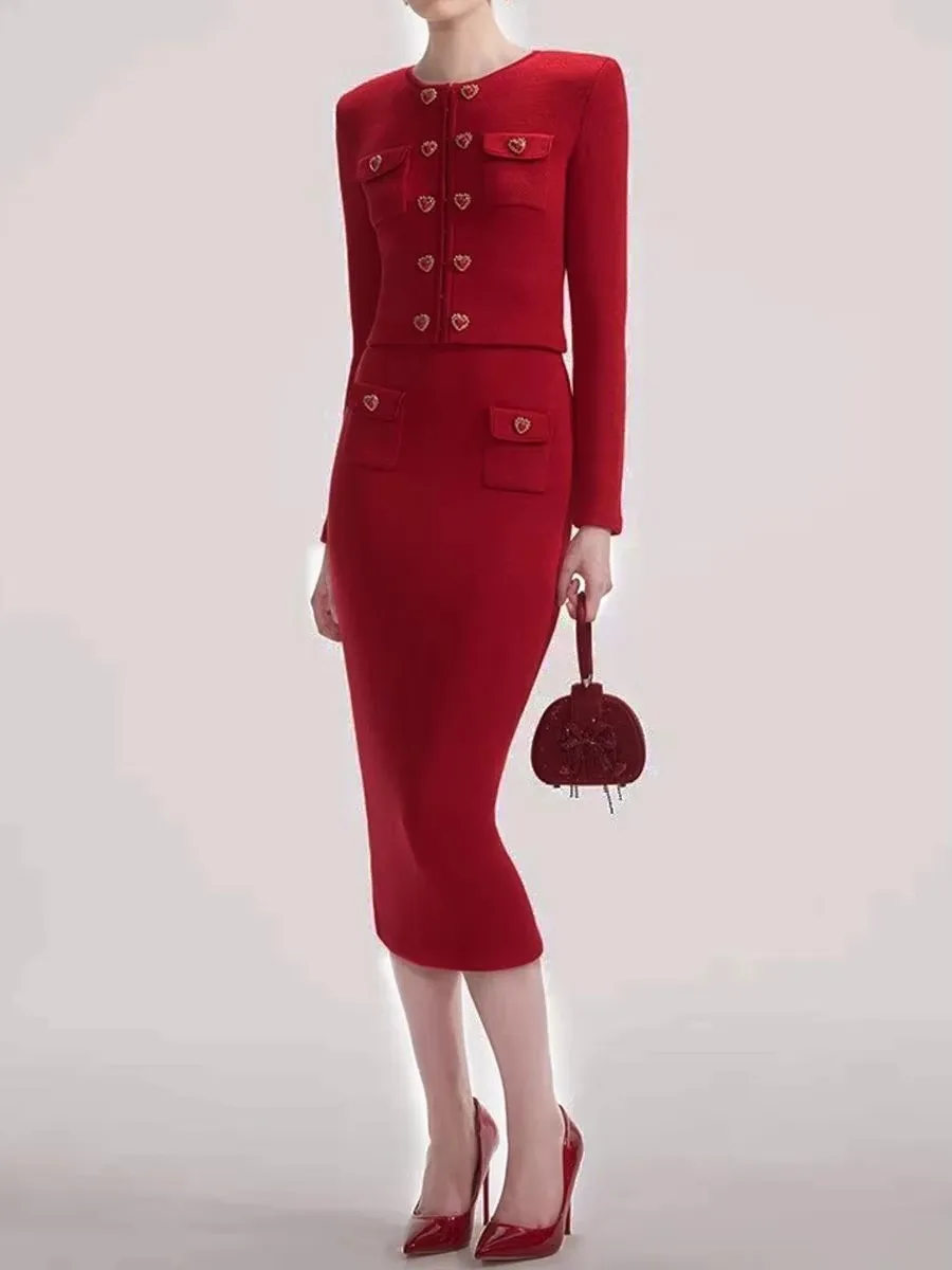 

Spring And Autumn New Fashionable Knitted Heavy Duty Long Sleeve Round Neck Woolen Top Cardigan Coat+Hip Wrapping Half Skirt