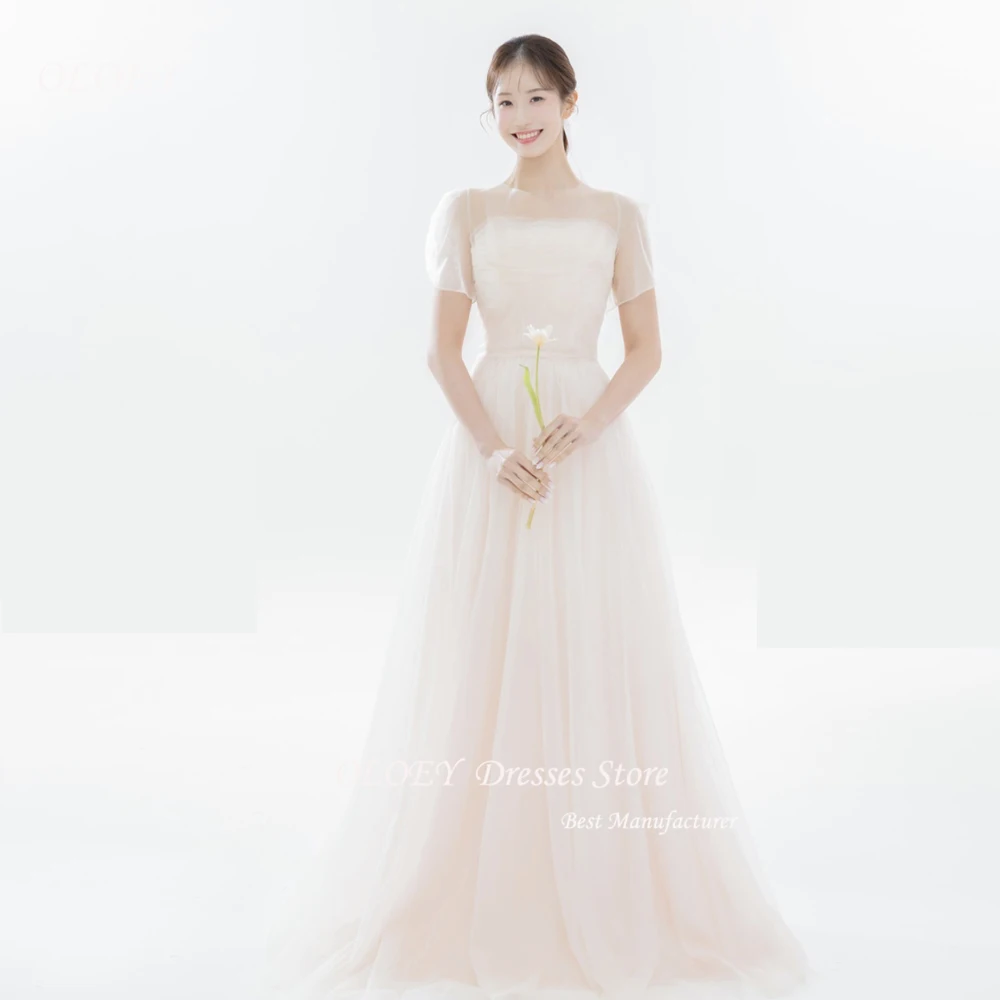 

OLOEY Simple Organza Short sleeve Wedding Dress Floor-Length Long Evening Dress A-line Formal Party Dresses Corset Back