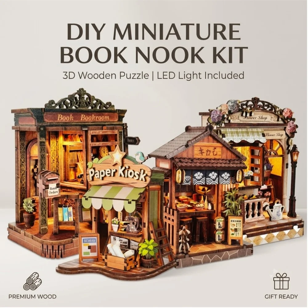Literary Bookshelf Insert Handcrafted Diorama Illuminated Stereoscopic Architecture Village Craft Hobby Toy Birthday Surprise