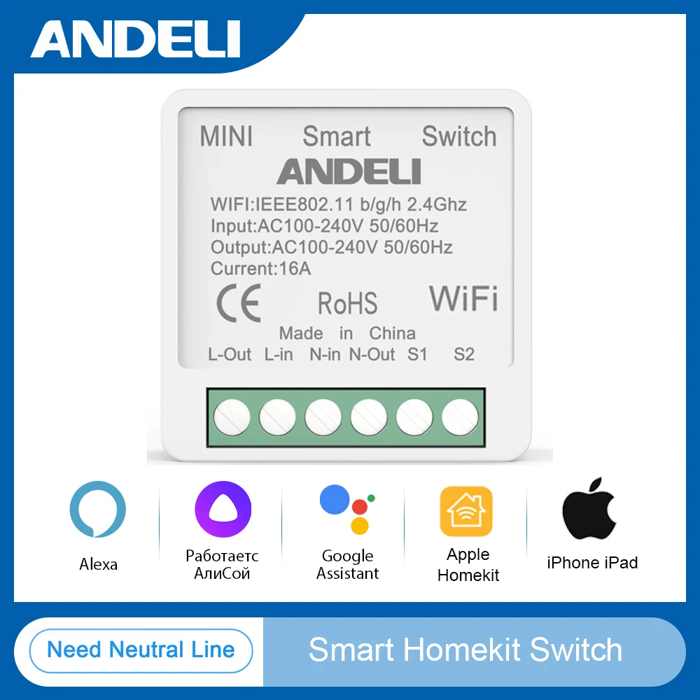 ANDELI DIY Smart Homekit Switch 16A Мини-переключатели света от iPhone iPad Voice 2-стороннее беспроводное управление с Siri Alexa Google Home ANDELI DIY Smart Homekit Switch 16A Мини-переключатели света от iPhone iPad Voice 2-стороннее беспроводное управление с Siri Alexa Google Home