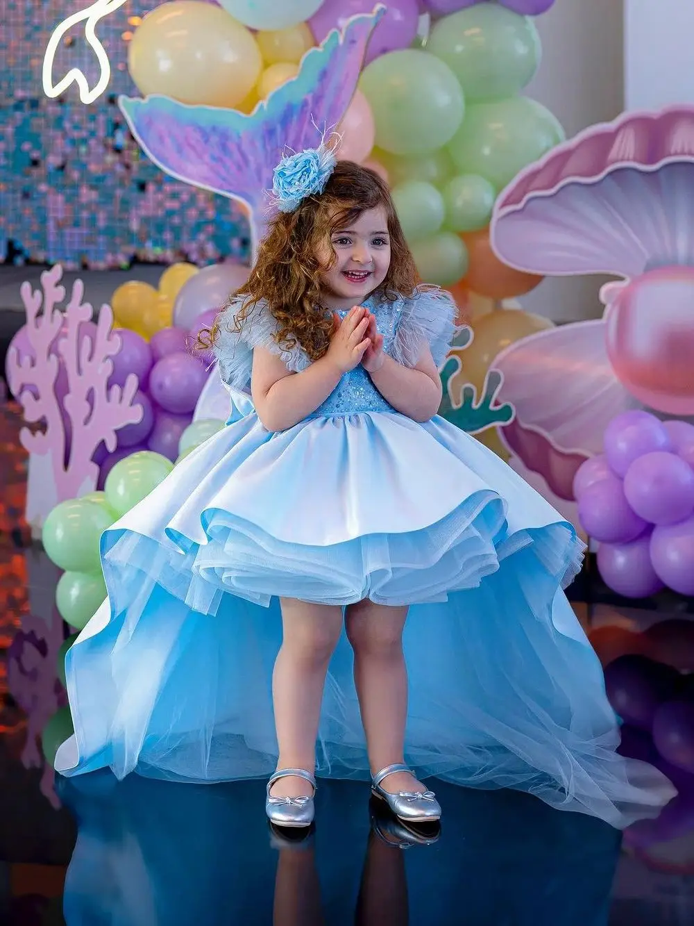 Blue Sequins Flower Girl Dress For Wedding Tulle Sleeveless Ruffles Feather  Puffy Princess Kids First Communion Ball Gown