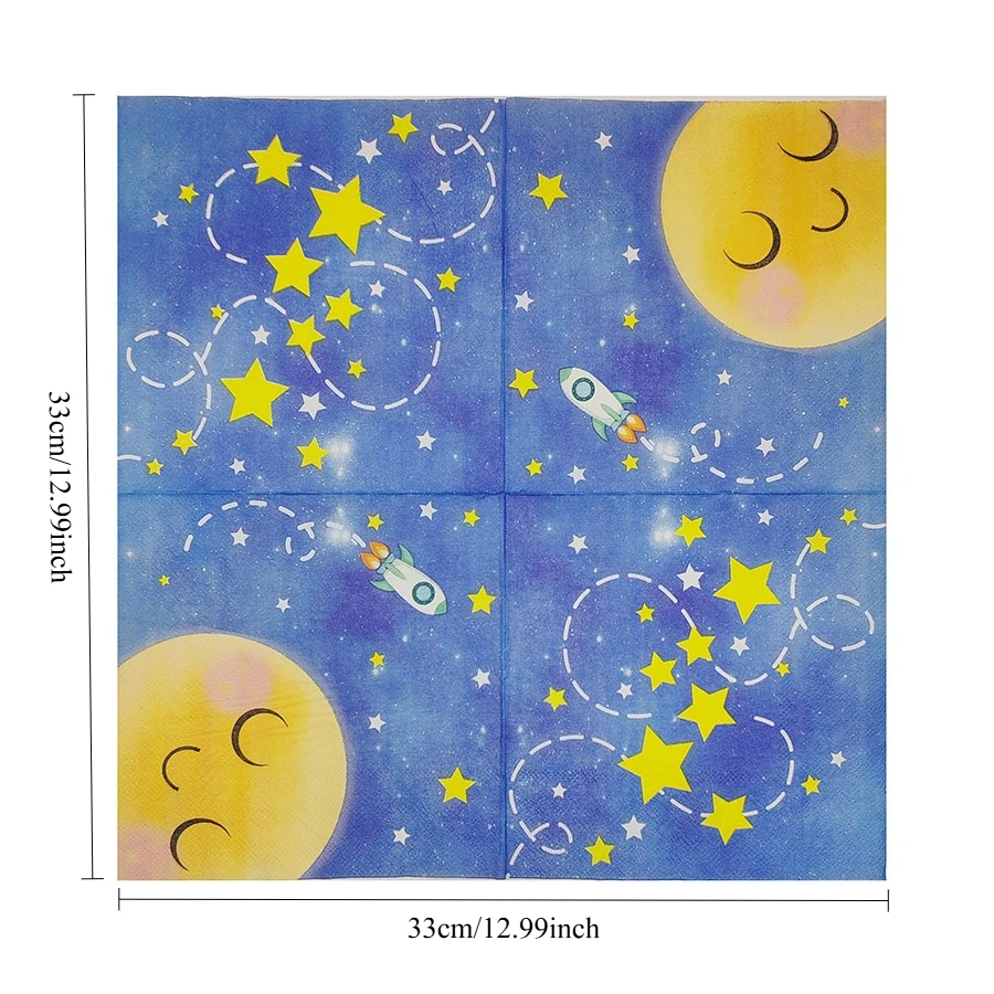 10/20pcs Cosmic Blue Paper Napkins Double Sided w/ Smiling Planets & Rocket Flames | Disposable Table Decor for Galaxy Party
