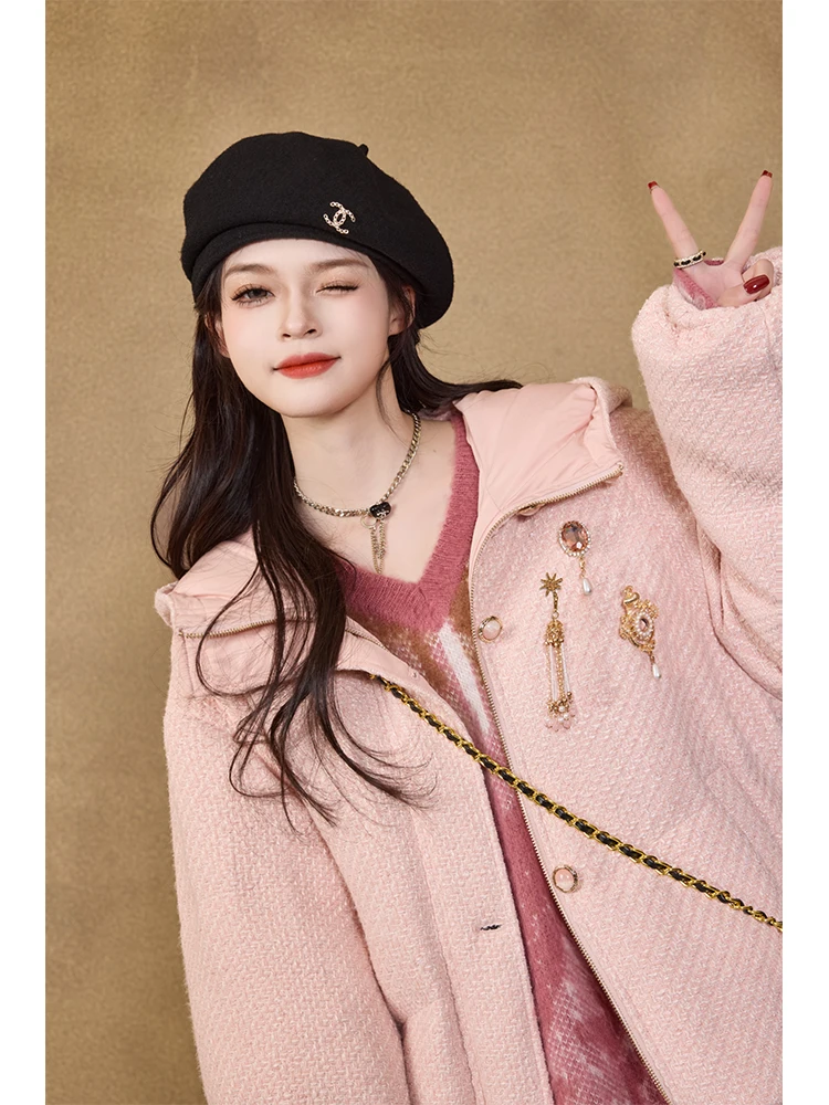 

TUNT Autumn Winter ort Sle Pink Girl Du down Jaet Small Fraance Sle Quilted Coat Korean Version Polyester Fiber