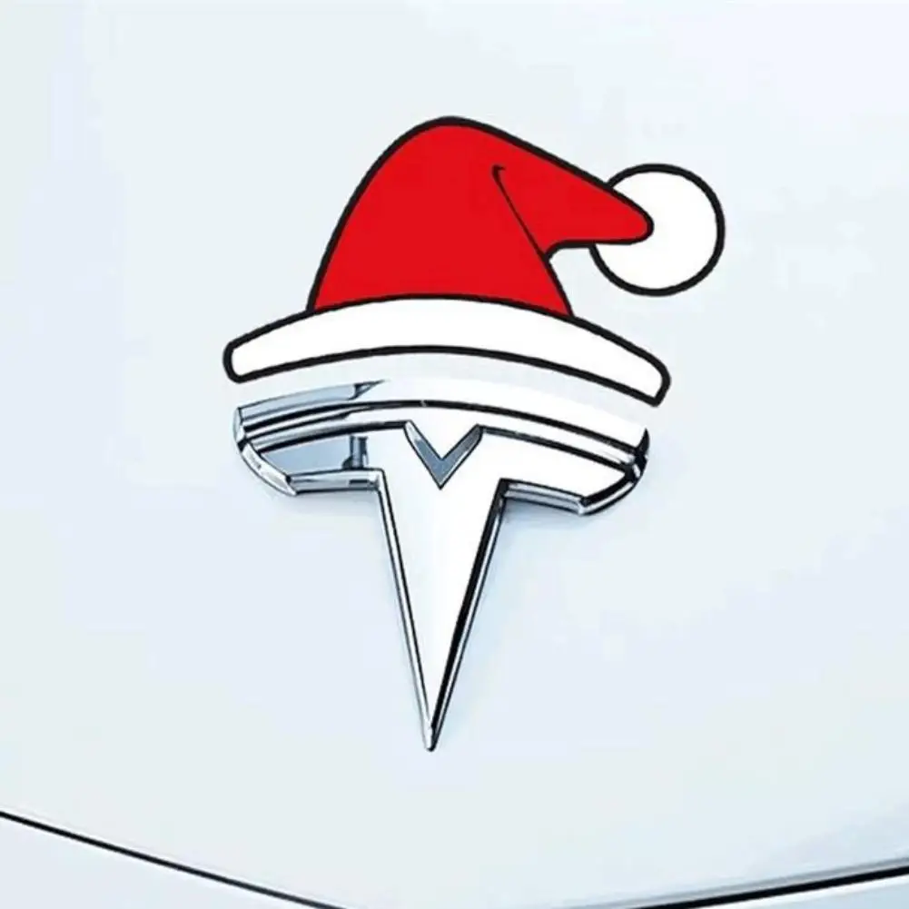 For Tesla Christmas Decoration Stickers For Model Y Santa Hat Front Logo Modification Creative Car Accessories Festive Design