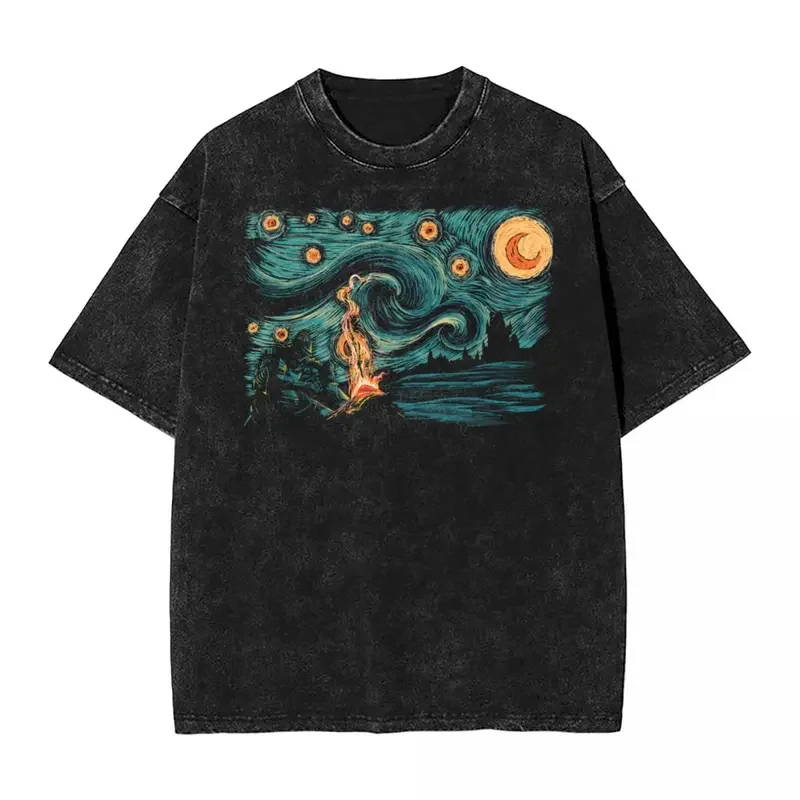 Washed T Shirts Starry Souls Dark Souls Hip Hop Novelty T-Shirt Oversize Praise the Sun Streetwear Cotton Summer Tees Men Women