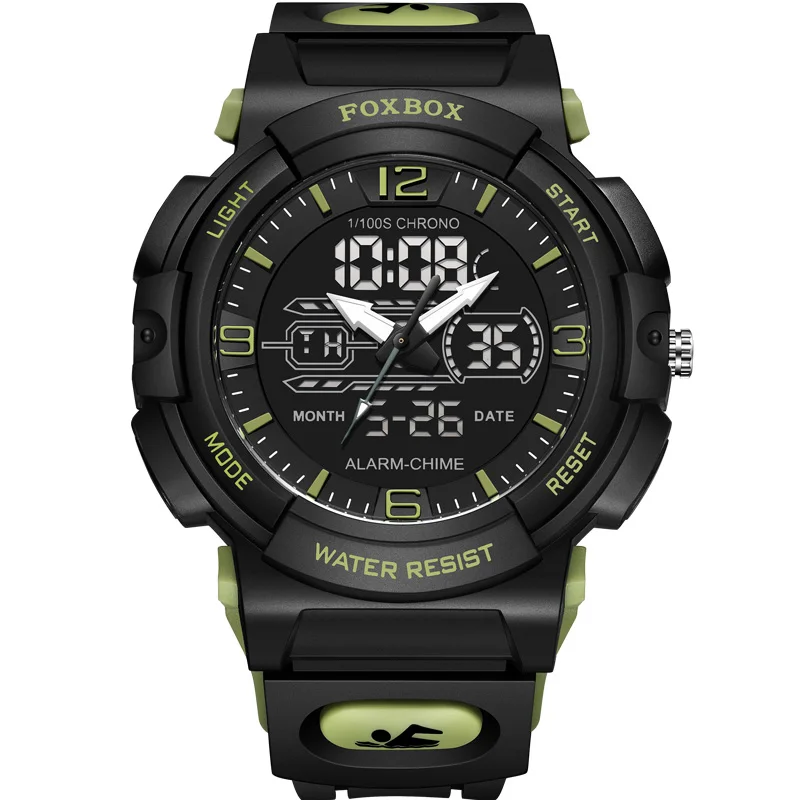 FOXBOX Sport Digital Watch for Men Junior Dual Time Display Quartz Analog LED Alarm Waterproof Military Young Wristwatches