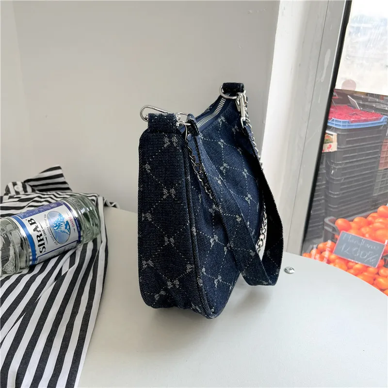 1pcs ladies denim shoulder bag fashion chain decoration women\'s bag plaid printed crescent bag