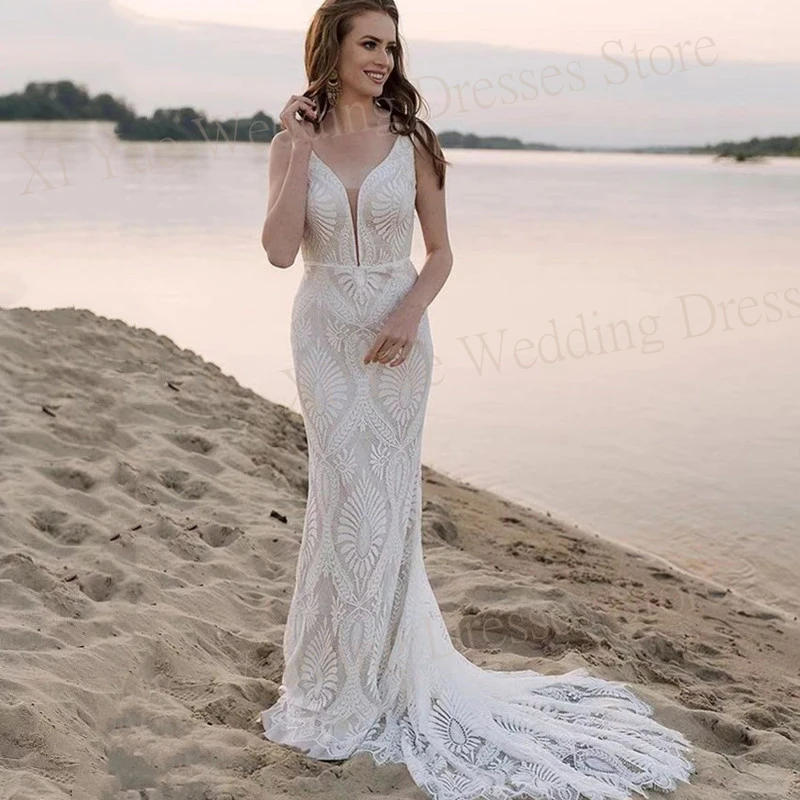 

Boho Deep V-Neck Mermaid Romantic Wedding Dresses Sleeveless Lace Beach Fascinating Open Back Bride Gowns Vestido Mujer Elegante