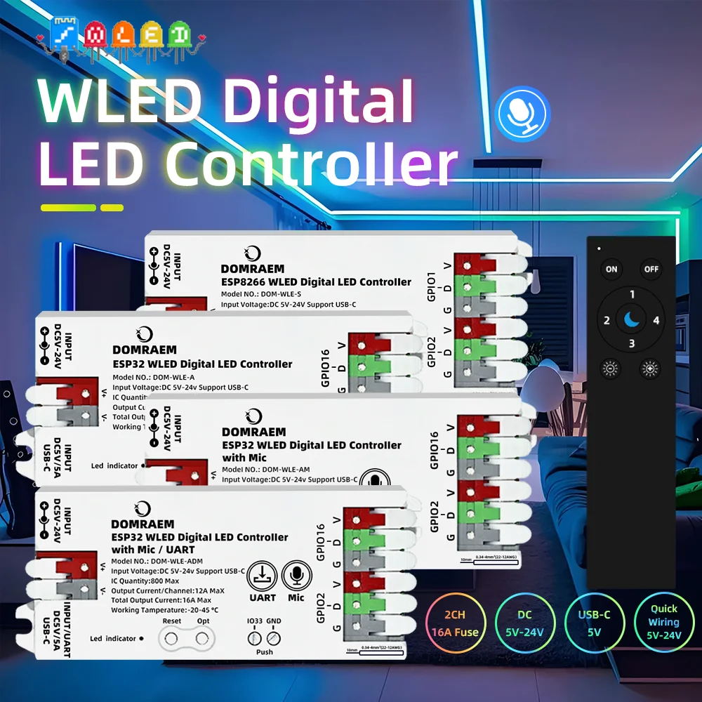 

Адресный светодиодный контроллер DOMRAEM DIY ESP32 WLED (USB-C) WS2814/WS2812B/SK6812/APA102, полоски с микрофоном/UART/MQTT/HA/Alexa 16Afuse