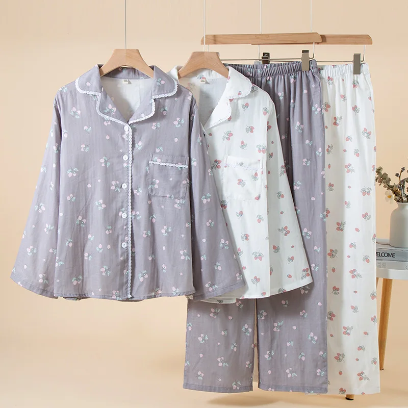 

Мягкий пижамный комплект из 100% хлопка и марли, женская милая одежда для сна с цветочным принтом и кружевной отделкой, комплект из 2 предметов, дышащая одежда для дома в японском стиле