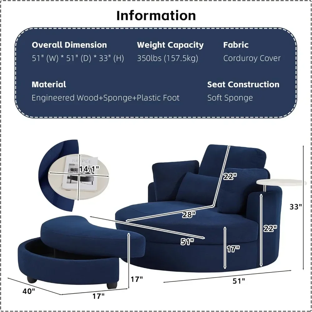 Oversize Swivel Accent Chair with Armrest Tray, Round Barrel Chairs with Ottoman for Living Room and Bedroom, Corduroy Fabric