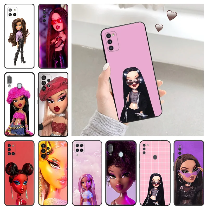 Мягкие чехлы для телефонов Samsung Galaxy A34, a54, A50, A70, A03 S, A40, A30, A20, A10, E, A01, A02, A04, мультяшный черный матовый чехол с рисунком куклы брац