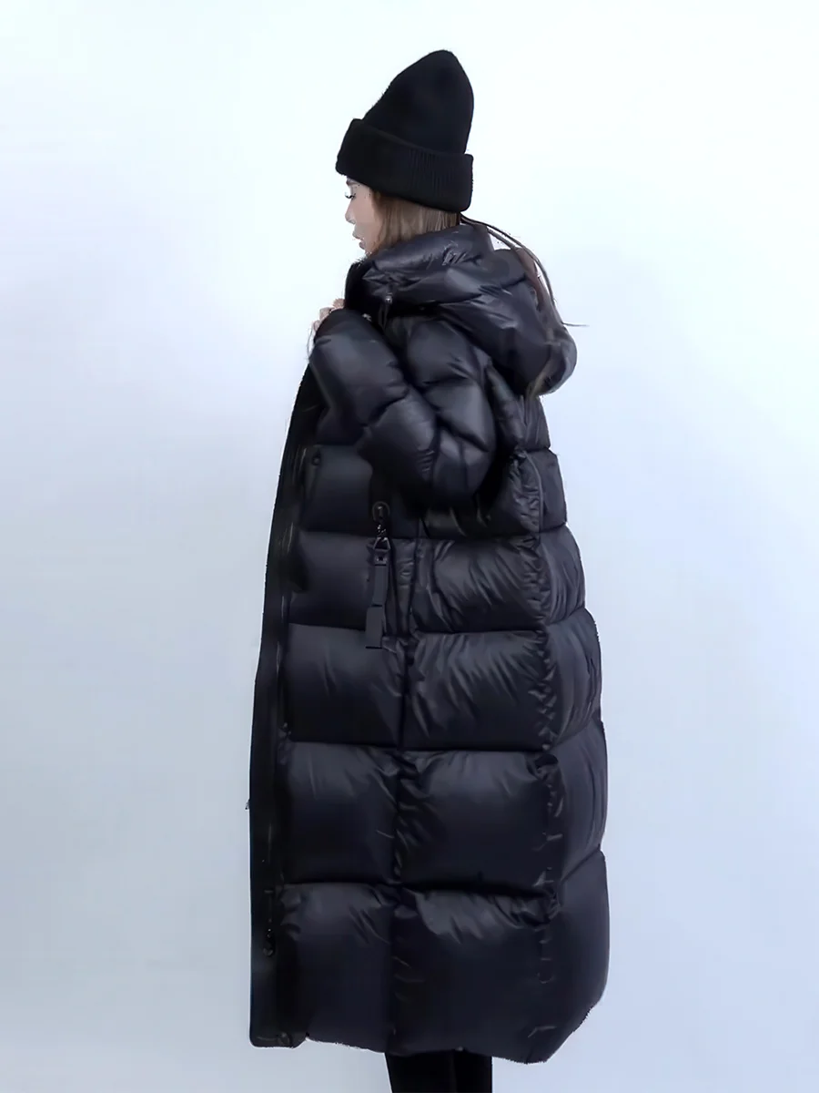 Bla Hooded Mid-Length Women's down Jaet 2025 Winter New Faion Thi Warm White Du Feather Coat Long Sve Zipper