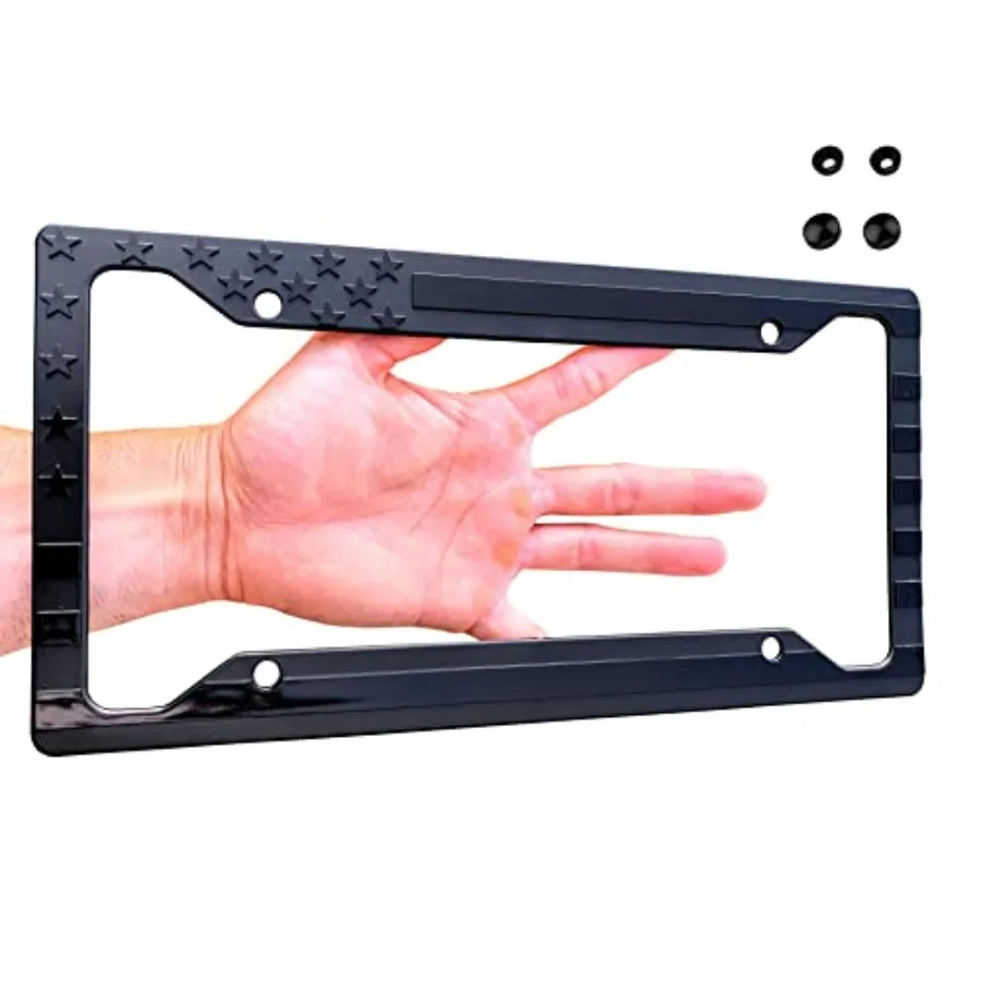 

American Flag License Plate Frame - Subdued 3D Embossed USA Flag in Black Gloss on Matte Finish for Car, Truck or SUV Gloss on