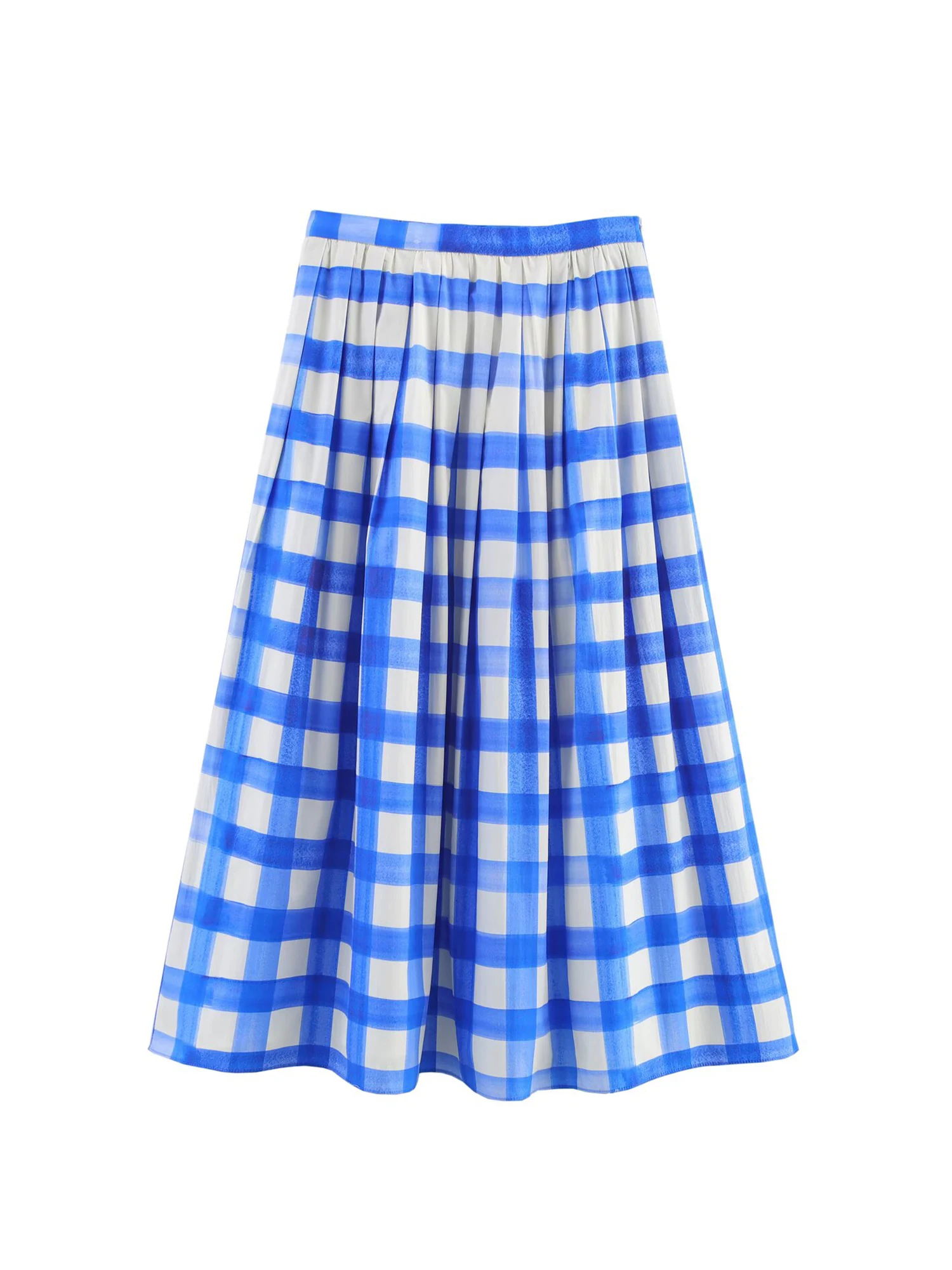 

Women's Blue Plaid Mid Long Skirt Vintage 90s Aesthetic High Waist Skirt Harajuku Y2k A-line Skirts 2000s Fashion Clothes Summer
