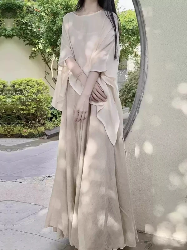 Novo chinês zen sle tom frio camiseta conjunto feminino verão nacional sle ort sve algodão linho saia assimétrica