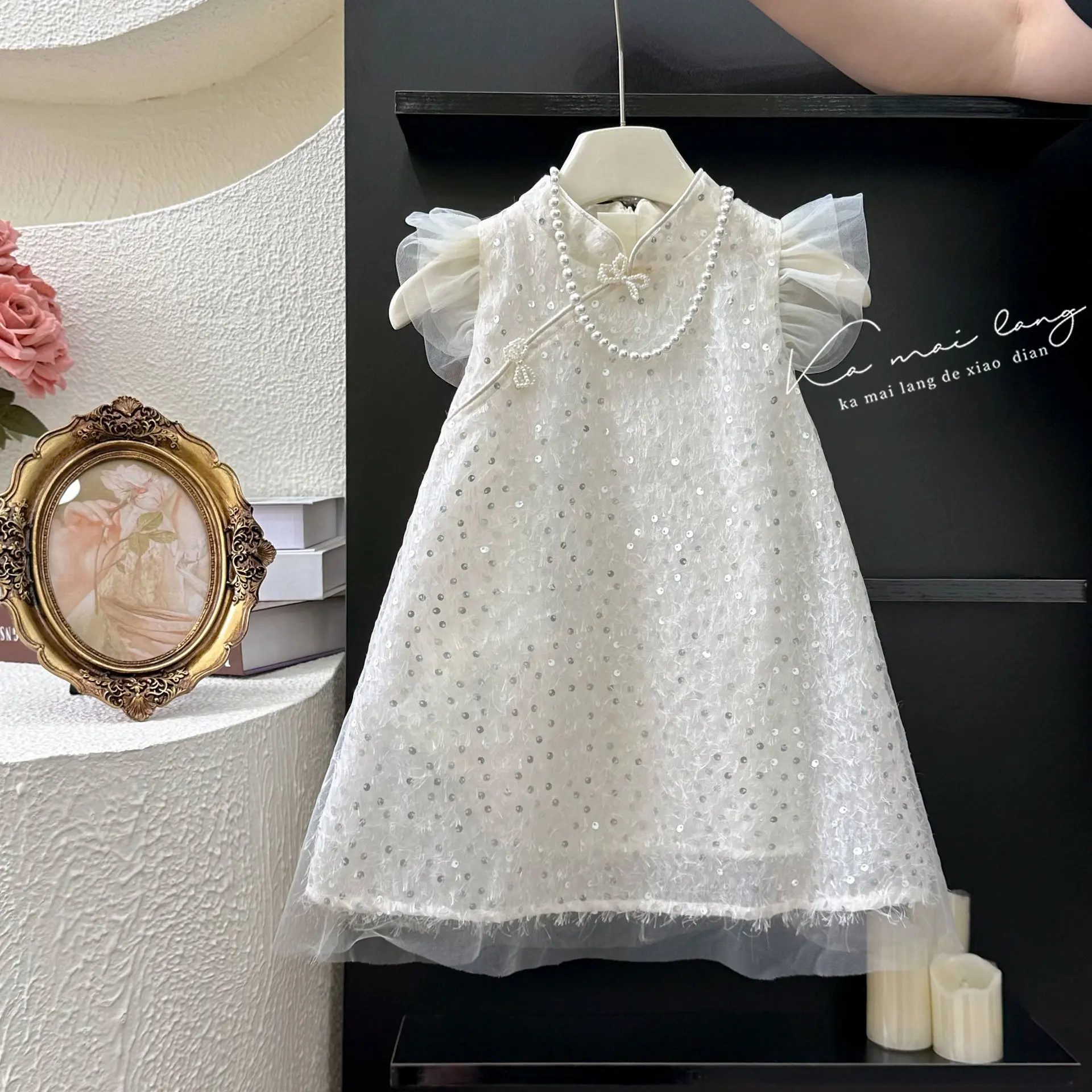 

Girls Dress Summer Little Flying Sleeve Dress Childrens Mesh Dress Girls Sequin Dress Fashionable Childrens Dress Princess Dress