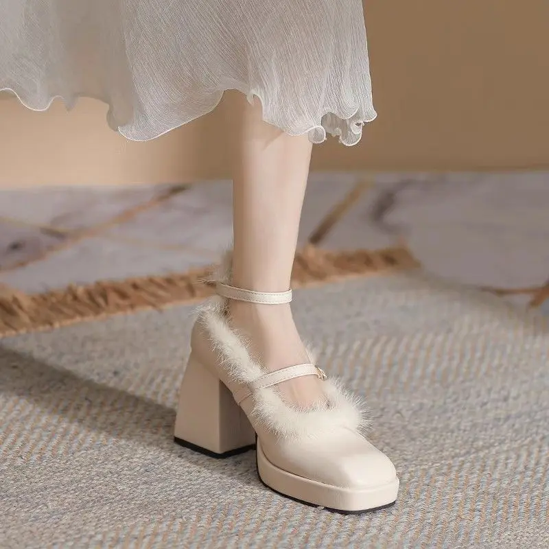 النمط الفرنسي فروي عالية الكعب كعب سميك قصير المرأة الصيف المخملية مشبك حذا فردي للسيدات الكورية نمط كعب منخفض ماري جينس #3