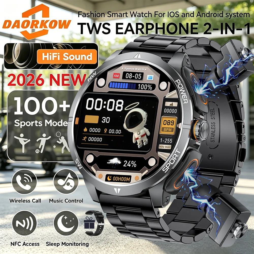 TWS 2-in-1 Smart Watch with Headphones Sports Play Music Bluetooth Headset Call Men Health Monitor NFC Women Smartwatch Earbuds