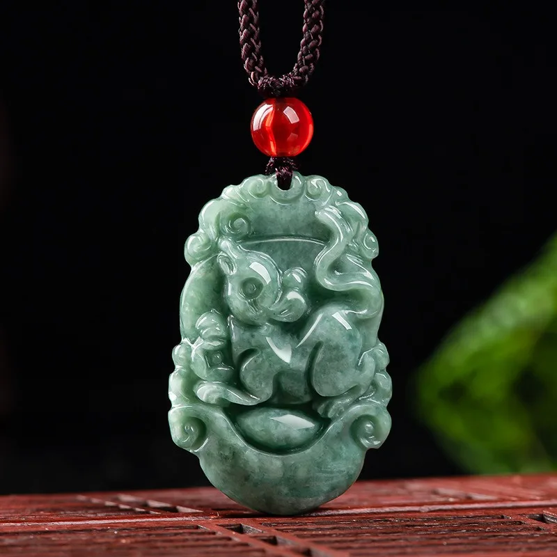 

Bean Green Natural A-grade Jadeite Hand-carved Zodiac Rat Jade Pendant Men and Women Necklace Jewelry