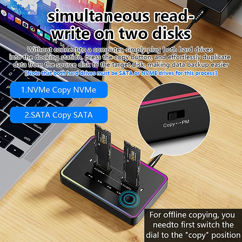 Blueendless M 2 Docking station SSD a due alloggiamenti Docking station USB C offline da USB C a NVME PCIE Docking SSD clone offline con una sola chiave
