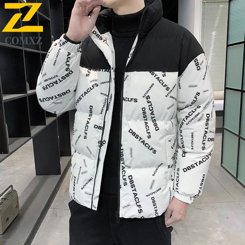 

COMXZ Мужская стеганая куртка с воротником-стойкой, уличная ветрозащитная теплая парка для путешествий, повседневная легкая зимняя хлопковая куртка с принтом