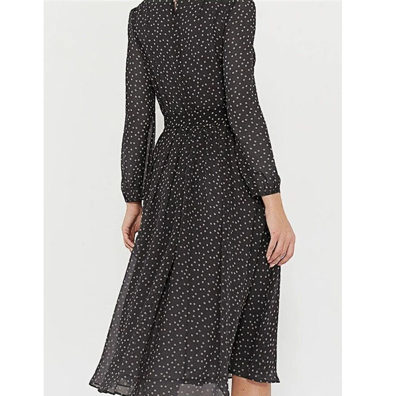 فستان شيفون للربيع والصيف بأكمام طويلة بلون سادة فستان منقط أنيق بأكمام واسعة ورقبة دائرية وخصر عالي #5