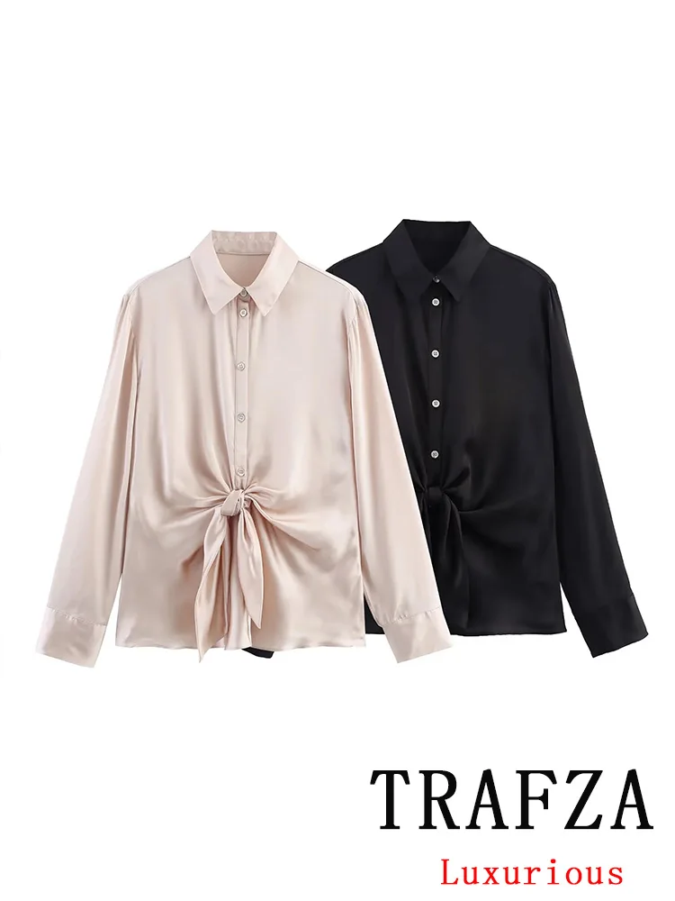 

TRAFZA Casual Chic Women Solid Blouse Turn-down Collar Single Breasted Folds Long Sleeve Loose Blouse Fashion 2025 Autumn Shirts