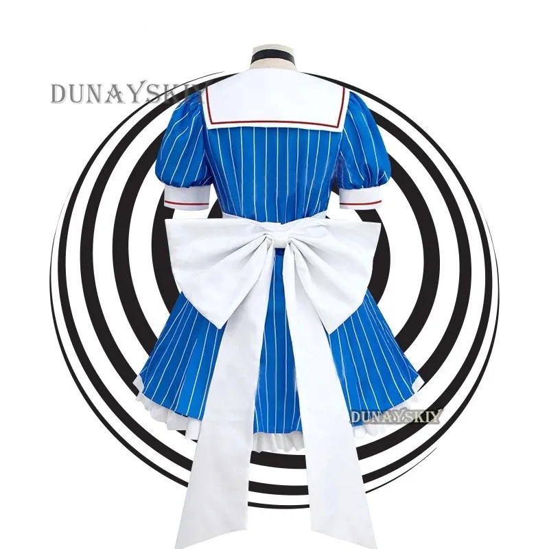 2025 YiyiCosplay Kostum Wig Mikuuuu Hypnotist Cosplay Biru Bergaris Lolita Pembantu Gaun Pesta Halloween Virtual Seragam Setelan
