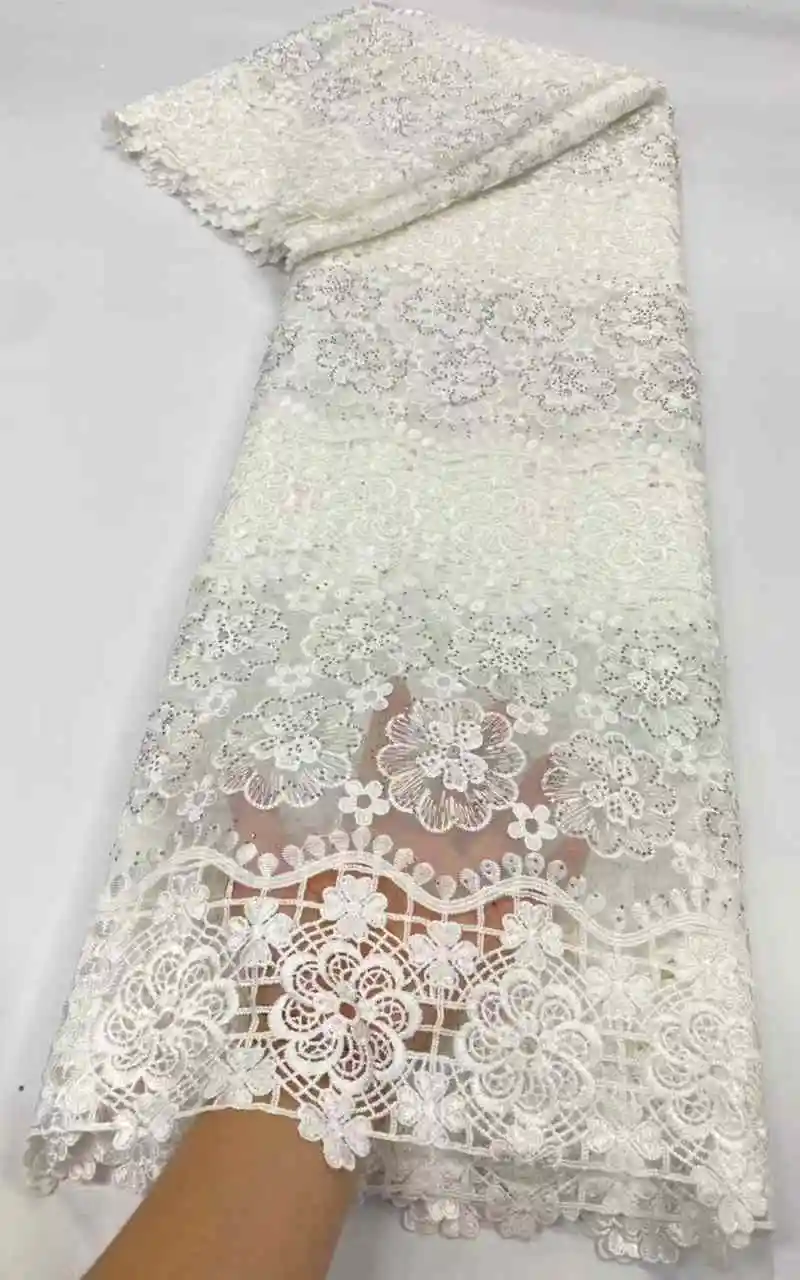 

White Guipure Cord Lace Fabric with Sequins 5 Yards 2024 High Quality Lace Material Bridal For Nigerian Wedding Party Dresses