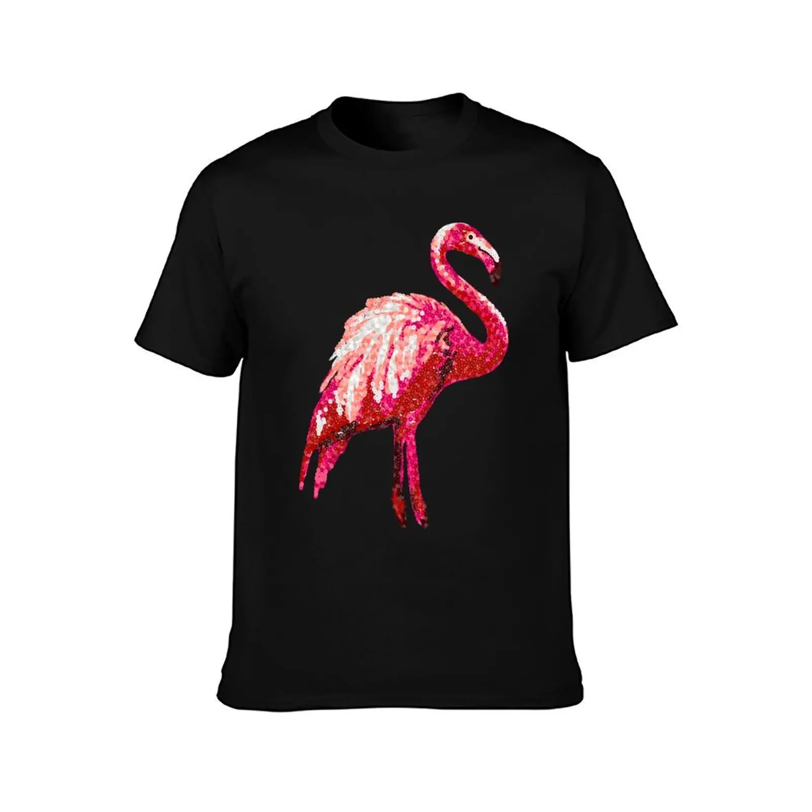 Sequin Printed Tropical Flamingo Bird T-Shirt Functional Casual Short Sleeve Tee T-Shirt