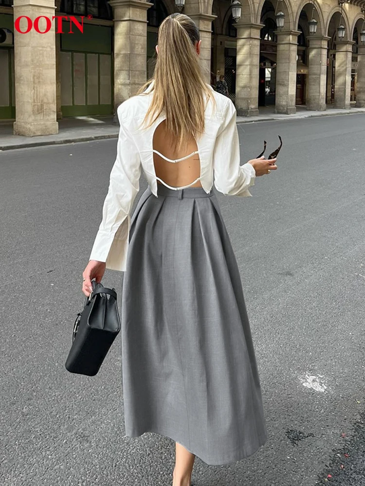 OOTN Elegant Office Lady Long Skirts 2024 Autumn Gray High Waist Pleated A-Line Skirts Fashion Solid Party Midi Skirts For Women