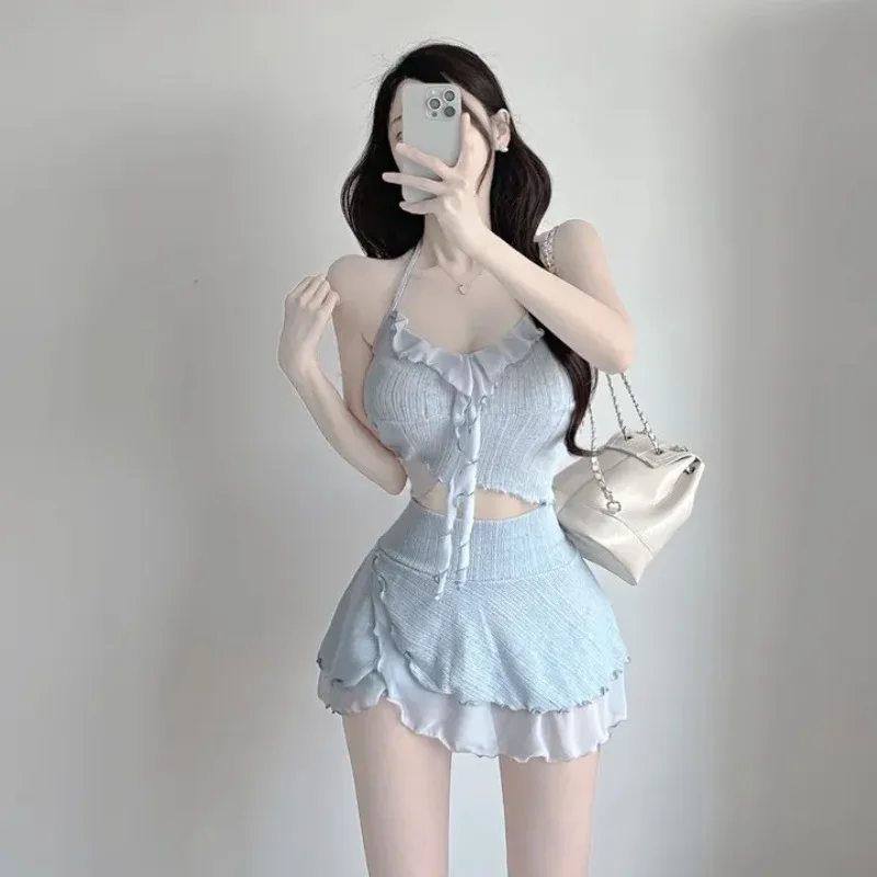 

Trendy Korean Vintage INS Swimwear, Women's Girly Modest Split Bikini,Slim Fit Skirted Elegant Hot Spring Vacation Bathing Suit