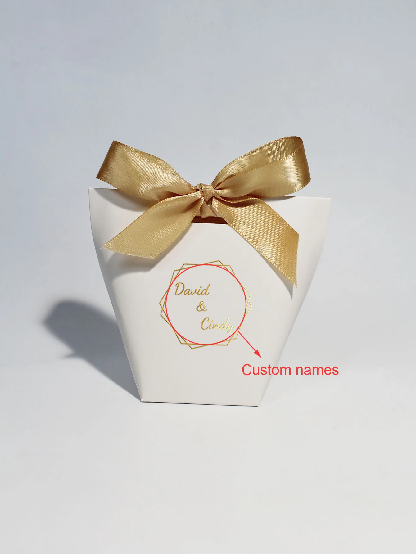 Personalized Mini Gift Boxes with Gold white pink Ribbon, \'David & Cindy\' Custom Name Option, Perfect for Wedding Favors