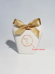 Personalized Mini Gift Boxes with Gold white pink Ribbon, 'David & Cindy' Custom Name Option, Perfect for Wedding Favors