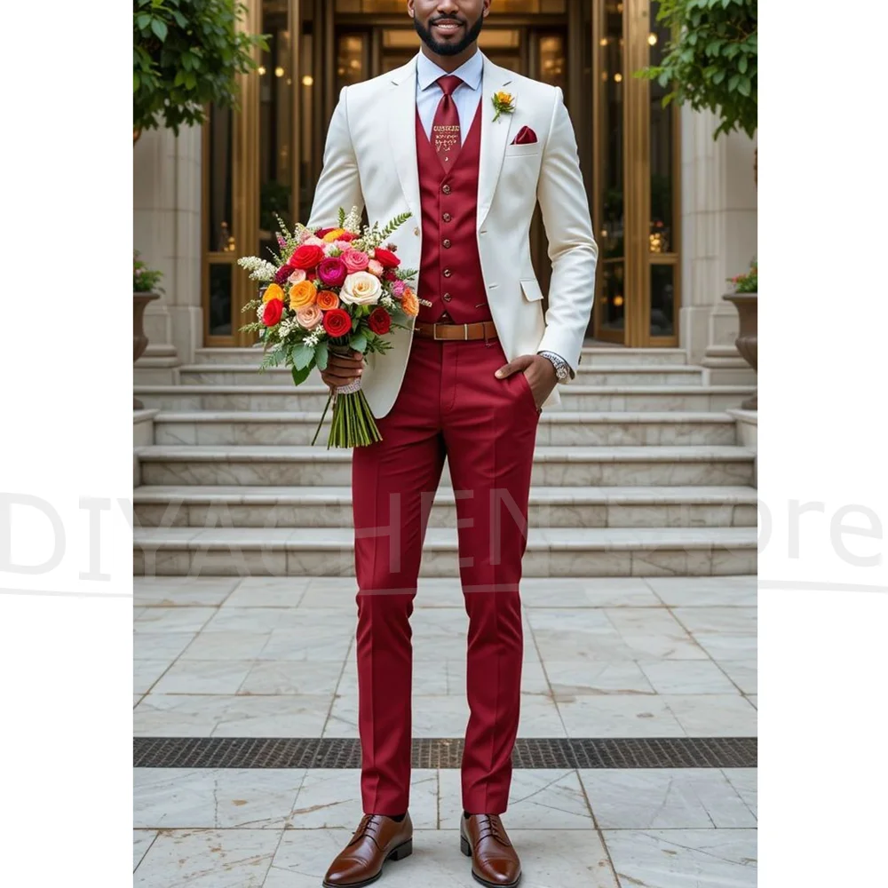 

Мужские костюмы из трех предметов, однобортный костюм с шикарными лацканами для жениха, свадебной вечеринки, модные формальные смокинги (куртка + жилет + брюки)