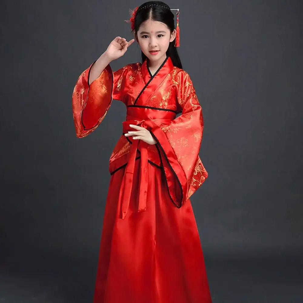 

Ethnic Children's Ancient Costumes Silk Robe Printed Chinese Style Clothes Photo Prop Retro Hanfu Dress Folk Dance Performance