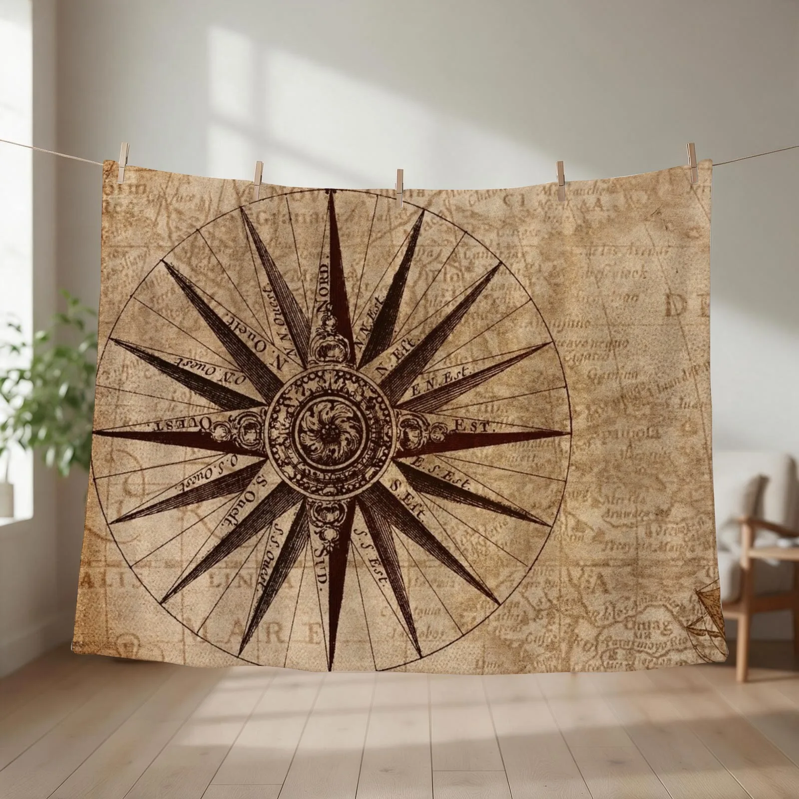 Vintage Map Compass, Compass, Retro Compass, Map Throw Blanket
