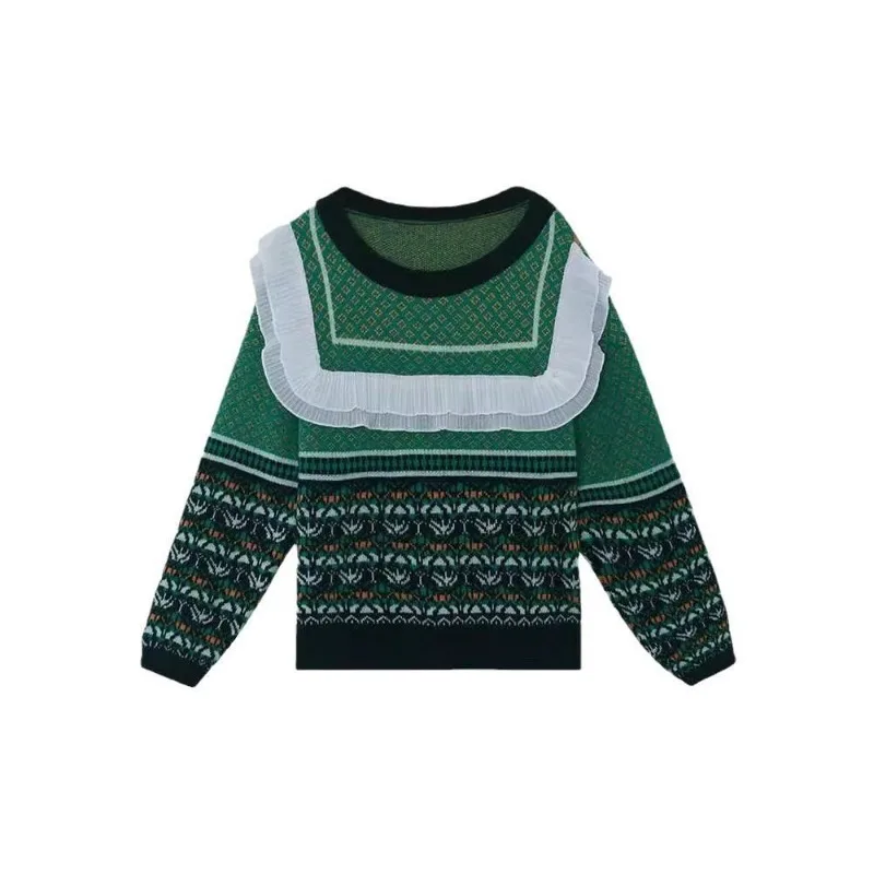 Women Korean Trend Vintage Patchwork Contrasting Colors Knitting Sweater Women Clothes Vintage Pullover Long Sleeve Sweater Card