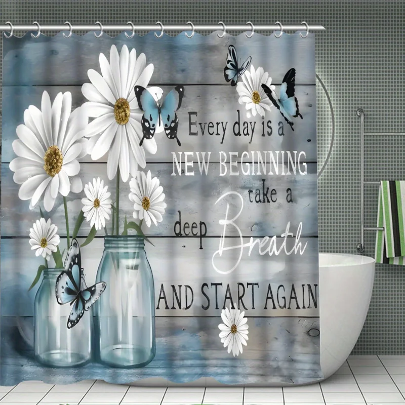 1pc/4pcs White Daisy, Multi-color Background Pattern Shower Curtain, Modern Bathroom Decoration, Waterproof Fabric Shower Curtai