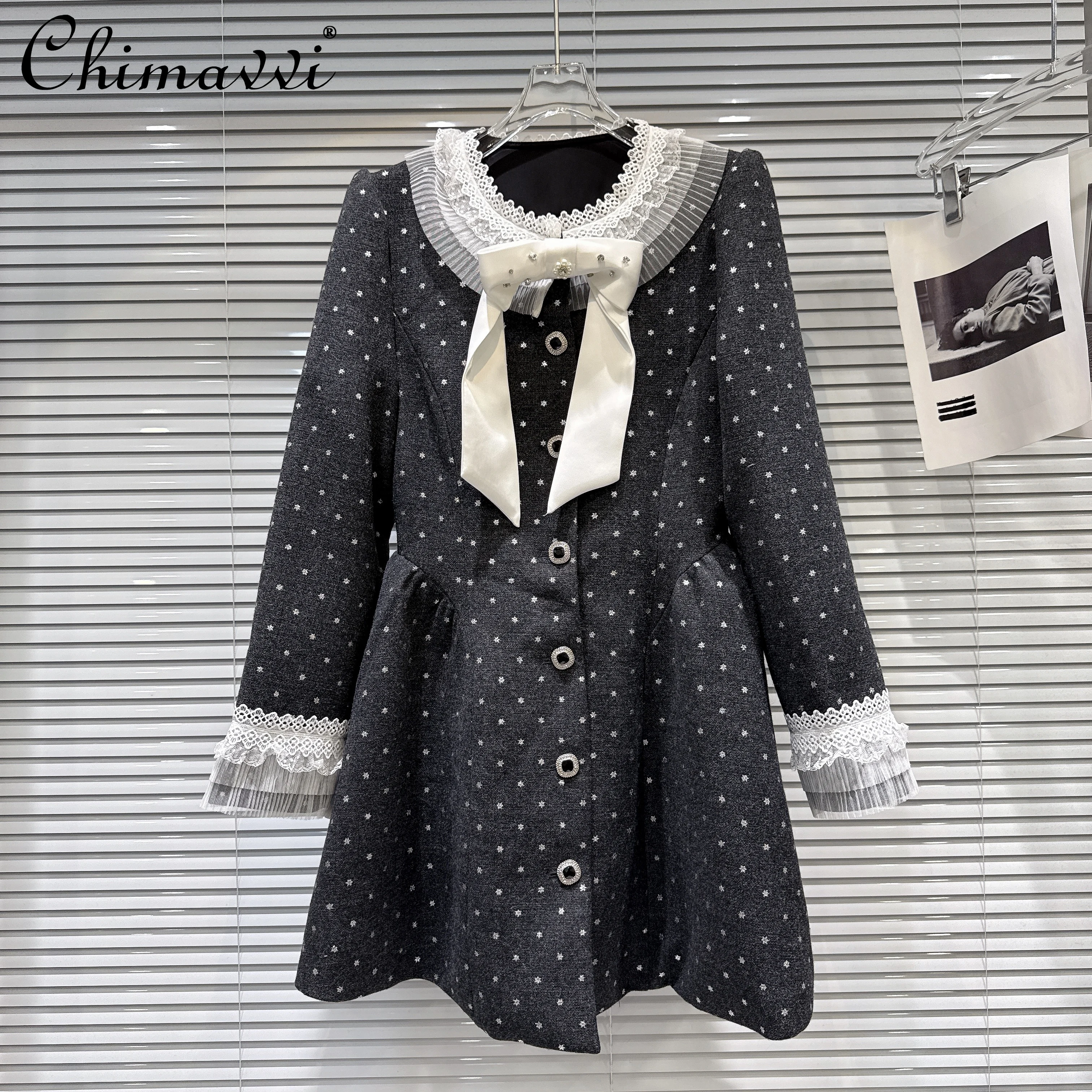 

French Elegant Socialite Diamond Bow Lace Long Sleeve Single-Breasted High Waist Quilted Trench Coats Women Winter Long Jackets