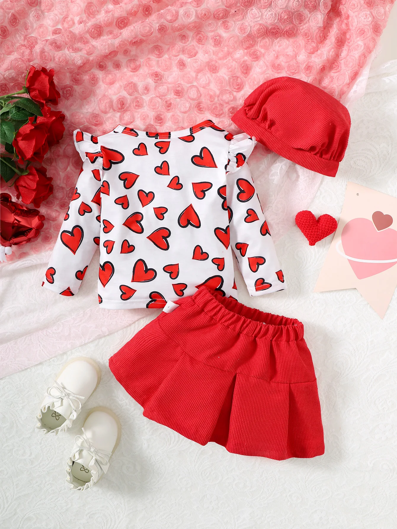 Spring And Autumn Baby Girl Fashion Round Neck Love Printed Long Sleeve Top Solid Color Bow Skirt Red Simple Hat Baby Suit