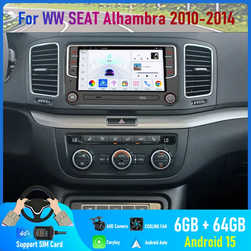 

7'' For VW SEAT Alhambra 2010-2014 Car Radio Camera Navi Steering Wheel Control Android 15 Auto Google Map GPS 4G SIM Head Unit