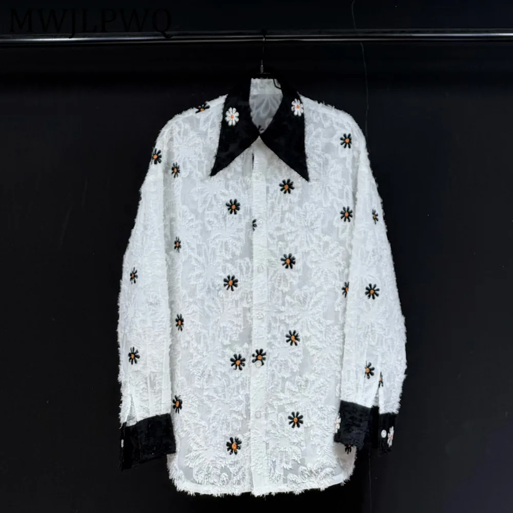 

MWJLPWQ Spliced Design Heavy Lace Embroidery Shirt For Men High Street Contrast Color Lapel Loose Casual Tops Spring Autmn 14743